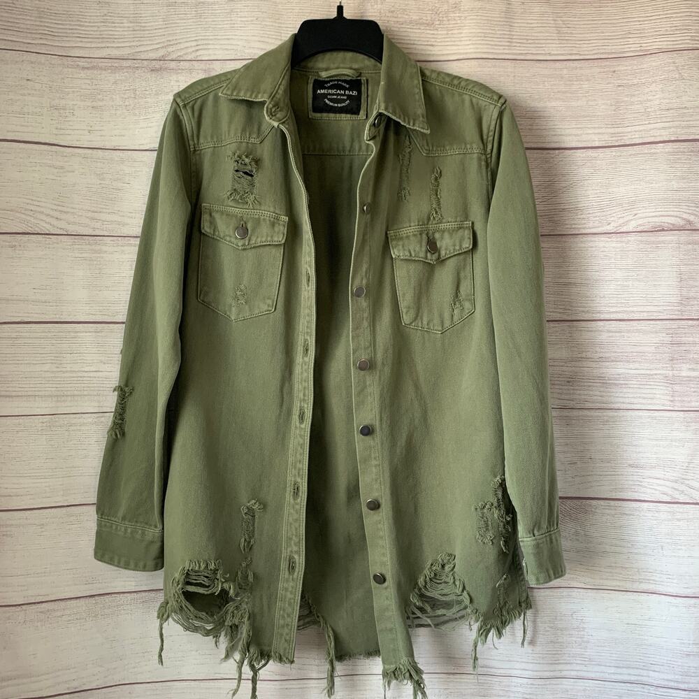American Bazi Green Denim Shacket Distressed Button Up Long Sleeve Shirt Size S